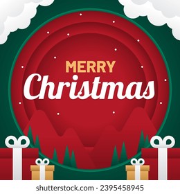 Christmas red and green vector background with clouds, pine trees, and gift Boxes. Greeting card, banner, poster
