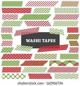 Christmas Red And Green Washi Tape Strips. Semitransparent. Photo Frame Border, Blog, Clip Art, Scrapbook Embellishment. Global Colors.  