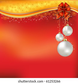 christmas red greeting with red bow and white balls