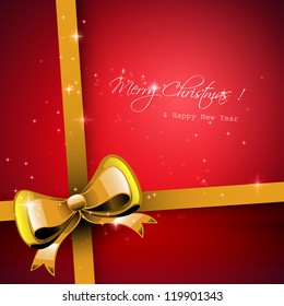 Christmas red greeting card with gold ribbon