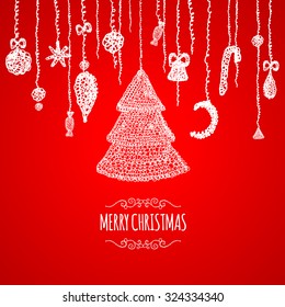 Christmas red greeting card with hanging bauble, vector