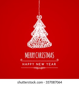 Christmas red greeting card with hanging christmas tree, vector