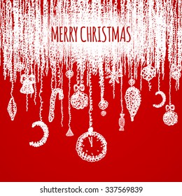 Christmas red greeting card with hanging bauble, vector