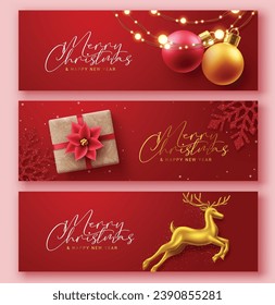 Christmas red greeting card vector banner set. Merry christmas and happy new year text in red greetings card with xmas balls, gift and gold deer in elegant background collection. Vector illustration 