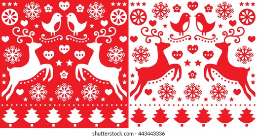 Christmas red greetings card pattern with reindeer - folk art style