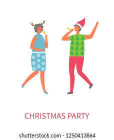 Christmas partyб ьan in red hat and trousers and green t-shirt, woman in blue dress and decoration on head and with glass of champagne vector illustration