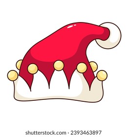 Christmas red hat vector illustration. Cartoon isolated Christmas retro sticker and photo booth props, carnival cap with balls of crazy clown or joker of Xmas fun party, winter holidays celebration