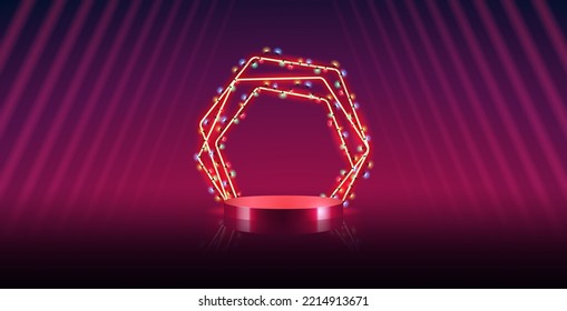 Christmas Red Hexagonal Neon Frame with Cylinder Podium on Dark Background. Vector clip art for your holiday project.
