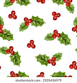 Christmas red holly berries and green leaves seamless pattern watercolor vector background 