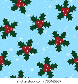 christmas red holly berry green leaves merry christmas new year winter background snow pattern seamless vector.