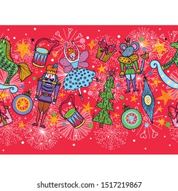 Christmas red horizontal vector seamless Nutcracker pattern.  Seamless pattern 