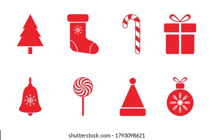 Christmas red icon set. Merry Christmas decoration elements with snowflakes, santa hat, christmas tree, balls, sock, gift box, candy cane, bell. New year holiday card design. Vector illustration.