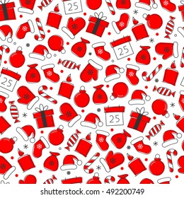 Christmas red icon set seamless pattern. Xmas and winter holidays elements background. Flat design vector texture.