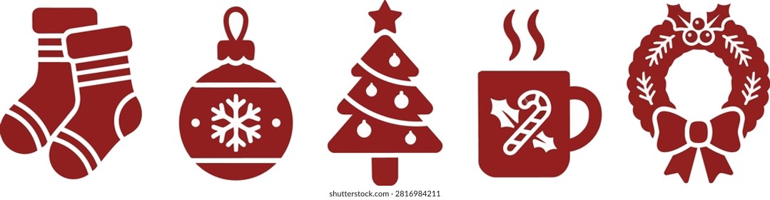 Christmas red icons set featuring stockings, baubles, trees, mugs, and festive wreaths for winter holidays