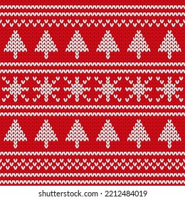 Christmas red knitted seamless pattern with fir trees and snowflakes