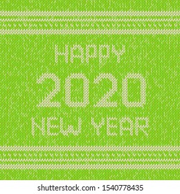 Christmas red knitted sweater design pattern. Happy New Year 2020 white text. Abstract background for poster, banner, web or ads. Vector illustration