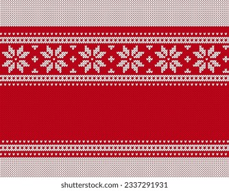 Weihnachtsrot gestrickte Textur mit Schneeflocken-Ziergrenze. Nahtloses Muster knacken. Fairer Isle Tradition Ornament. Weihnachtsdruck. Feiertagshintergrund. Festlicher Pullover. Vektorgrafik.