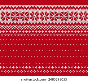 Christmas red knitted texture with snowflakes border. Ornament on knit seamless pattern. Xmas print. Holiday background. Fair isle traditional ornament. Festive sweater. Vector illustration.