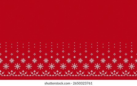 Christmas red knitted texture with snowflakes border print. Xmas ornament on knit seamless pattern. Holiday background. Fair isle traditional ornament. Festive sweater. Vector illustration.