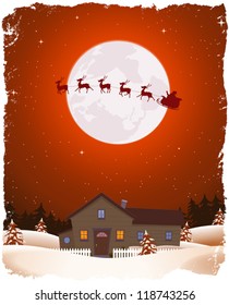 Christmas Red Landscape And Flying Santa/ Illustration of a cartoon portrait christmas winter landscape with house, snow, pine trees forest and flying santa claus sleigh and reindeers in the moonlight