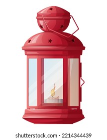 Christmas red lantern with a burning candle isolate on a white background. New Year's decor, Christmas holiday symbol, festive mood