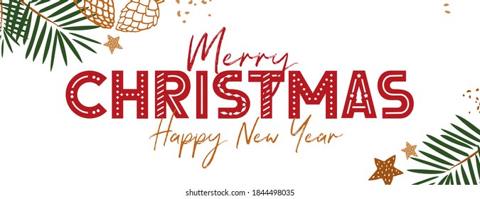Christmas red lettering in Scandinavian style isolated on white. Horizontal banner with pine cones, golden stars, fir tree branches, for congratulations with new year. Trendy flat vector illustration.