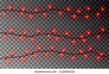 Christmas red lights string. Transparent effect decoration isolated on dark background. Realistic Christmas garland vector. Winter xmas glowing lights string, banner illustration.