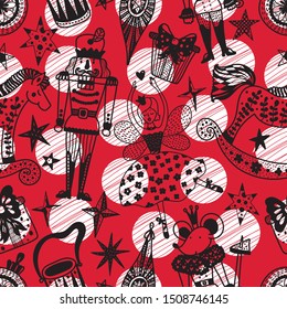 Christmas red line vector seamless Nutcracker pattern.  Seamless pattern  