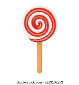Christmas red lollipop. Round multicolored candy on stick isolated on white background. Template for poster, web, flyer, coupon, promotions, blogs, social media. Vector illustration