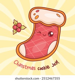 Natal vermelho sortudo gengibre gengibre bota pão. Festivo Ano Novo tradicional pastelaria kawaii personagem de desenho animado e slogan engraçado. Ilustração vetorial.