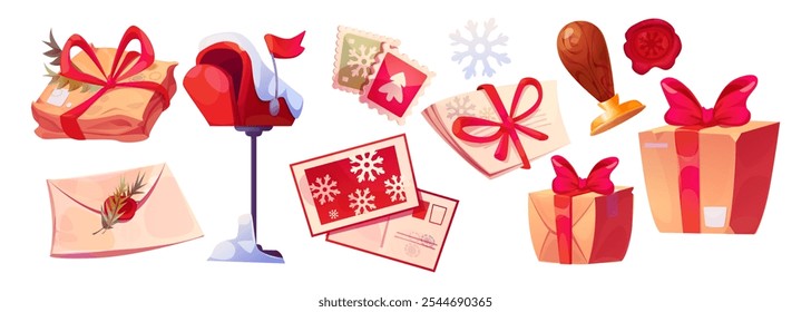 Caixa de correio vermelha de Natal com carta ao Papai Noel. Vintage Inglês postbox inverno clipart. Pacote postal bonito nevado com laço de fita para enviar. Xmas entrega de presente para o projeto de ícone isolado do desejo de férias.