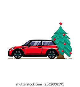 Christmas Red Mini Car Illustration Design