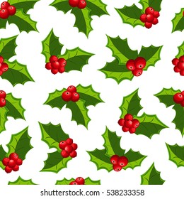 Christmas red mistletoe seamless pattern on a white background. Vector texture for your design.