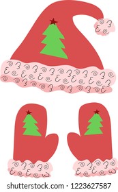 Christmas red mittens and hat. vector illustration