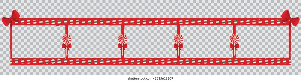 Christmas red movie film original strip, vintage filmstrip roll frame, vector element. Video or movie filmstrip overlay, cinema or photograph camera long film strip with transparent background.