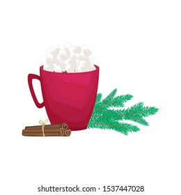 Christmas red mug of Cocoa with marshmallows. Flat vector illustration.