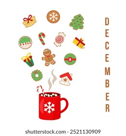 Christmas red mug with gingerbread, hand drawn, on a white background.	