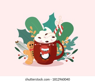 Christmas red mug and holly leaves, berries. Modern flat minimalistic design.   Winter Cup coffee and tea. Vector illustration for web design, banner, card, cover, postcard. Xmas Beverage, Cocoa.
