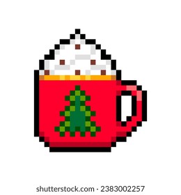 Christmas red mug with hot chocolate and whipped cream isolated on white background. Eggnog drink icon. Vector pixel art illustration of New Year elements in 16-bit old style.