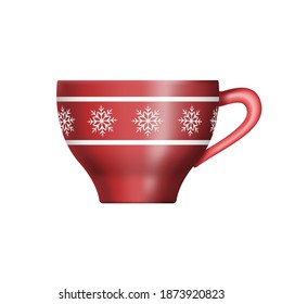 Christmas red mug isolated on white background. Cup with an ornament of snowflakes with hot tea. Merry Christmas. Vector illustration