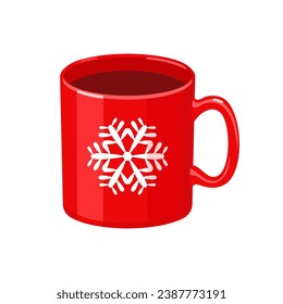 Mugre roja de Navidad con té o café aislado en blanco. Dibujo vectorial plano de la bebida caliente en taza.