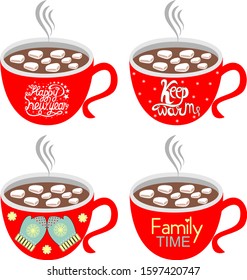 Christmas red mugs with hot chocolate Cocoa Marshmallow Kawaii lettering. White stars snowflakes, mittens, steam comes from the mug, eps 10