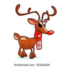 Christmas red nose reindeer rudolph in Santa hat vector illustration snowy background