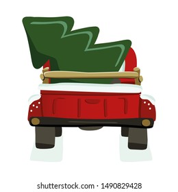 Christmas Red Old Truck Back Vector Clipart. Isolated Clip Art For Holiday Greeting Card, Wall Art, Decoration, Sublimation Print. Pickup Car With A Pine And Snow.