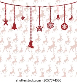 Christmas red ornaments hanging. Merry Christmas vector background.