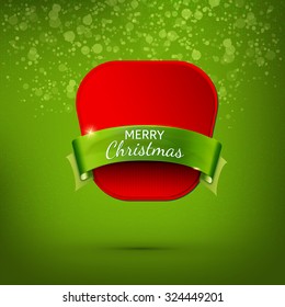 Christmas red paper badge with green ribbon at green background. Holidays banner. 