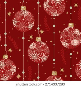 Navidades patrón rojo con bolas de Navidad. Copos de nieve, estrellas. Fondo para papel de regalo, impresión de tela, tarjetas de felicitación.