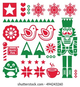 Christmas red and pattern with nutcracker - folk art style 