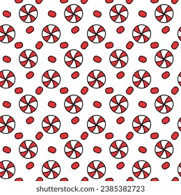 Christmas red peppermint swirl candies seamless pattern. Vector flat illustration.