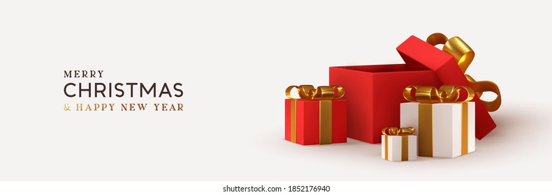 Christmas Red Pile Empty Open Gift Box Template. Xmas Design Realistic Decorative Objects. Sale Banner, Surprise Poster, Flyer And Brochure. Mock Up Holiday. Celebrate Birthday, Anniversary, Wedding.